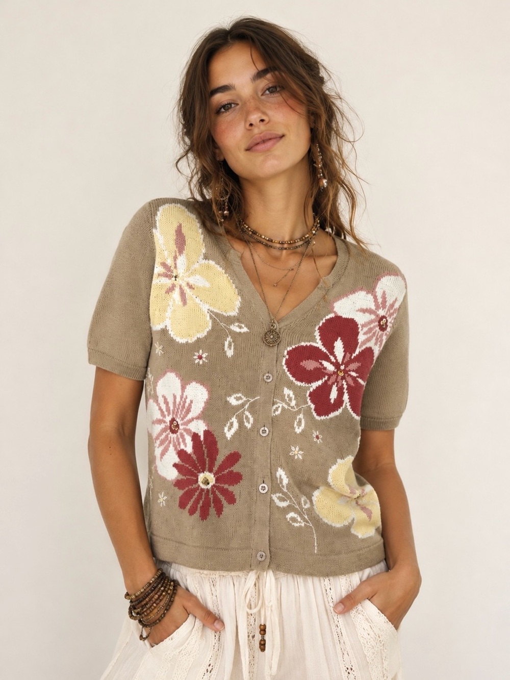 Vintage Boho Grannycore Floral Knit Cardigan Cottagecore Goblincore Embroidered